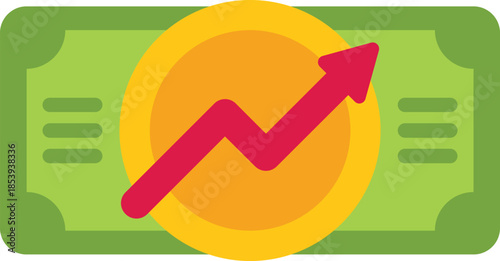 Red arrow is growing on a coin over a banknote, representing the concept of increasing profits