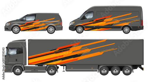 Modern car wrap design template set for van and truck featuring geometric orange and black stripes on grey background. Transport fleet livery side view