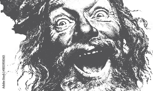 Man with an expressive smile, illustrated in a unique vector style. This illustration features quirky details and bold black and white art.