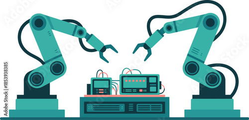 Robotic arms assembling electronic devices in modern factory