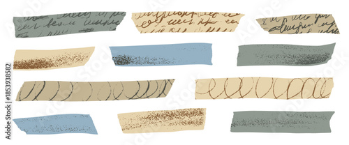 Decorative masking strips collection. Vintage adhesive elements,r etro collage labels, and craft stickers ideal for scrapbooking, journaling, and creative design projects. Vector textured streaks.