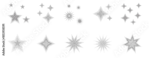 Y2k stardust icons with grain noise gradient. Black stippling stars sparks forms set. Twinkles and blink halftone gradation figures isolated on white background. Vector gritty shapes illustration.
