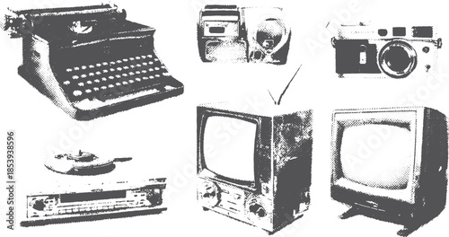 Vintage electronics set featuring a typewriter, camera, television, radio, and record player. Black and white vector illustration of classic devices.