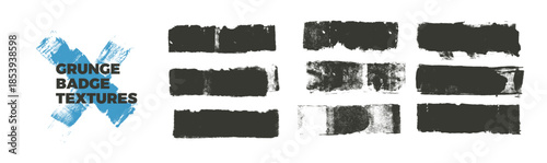 Set of grunge badges handmade textures. Flat sponge artistic brush strokes with rough edges. Vector thick streaks. Straight black wide lines. Bold grunge mix media shapes. Gritty textured highlights.