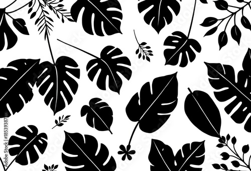 Dark silhouettes of various tropical leaves on a white background, creating a bold, graphic pattern,  background,  hibiscus