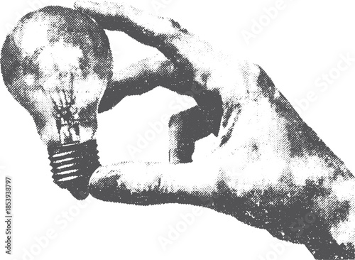 A hand holding a lightbulb, representing an idea or concept in a vector illustration. Simple and artistic graphic design with a vintage style.