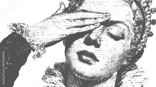 Vintage female illustration in black and white. Closeup portrait with elegant hair details, showcasing artistic style as a vector illustration.