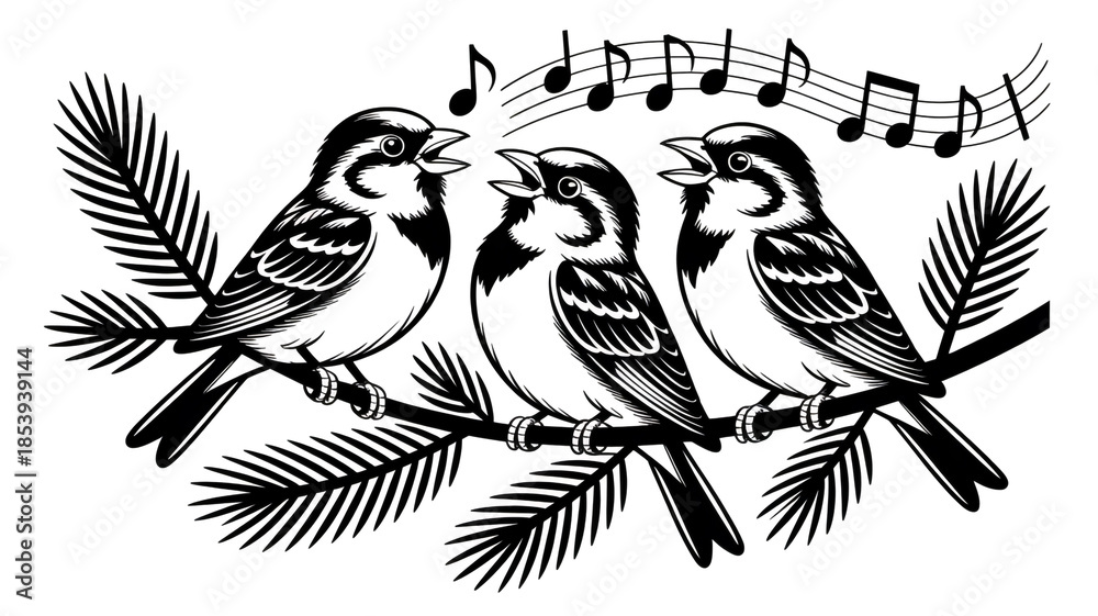 Naklejka premium A black and white illustration of three small birds perched on a pine branch.