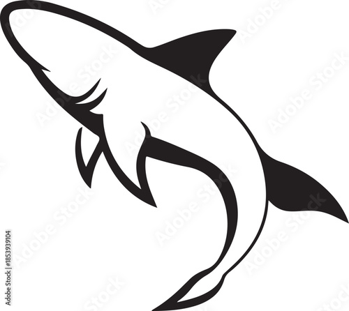 Stylized black outline of a shark with fins and tail, dynamic pose