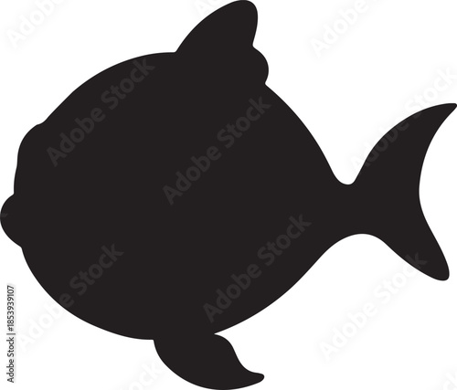 Black silhouette of a round fish with simple fins and tail on white background