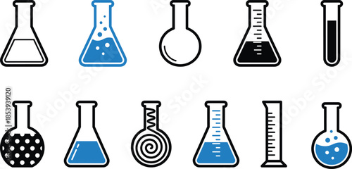 Laboratory glassware icons set, chemistry flasks beakers test tubes, scientific equipment illustration isolated on white background, vector flat design collection
