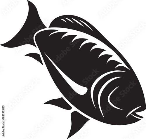 Black silhouette of a fish with detailed fins, scales and tail on white background