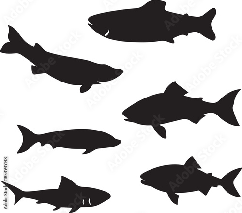 Set of various fish silhouettes collection for fishing logo design and nature graphics