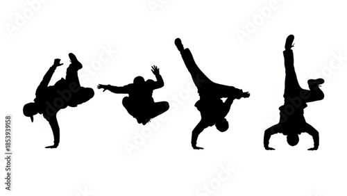 Black Dancer Silhouette Vector Showing Break-Dance Freeze Spin Jump and Hand-Stand Poses
