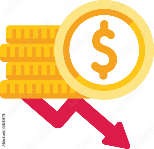 Stack of gold coins with a red arrow pointing down representing financial loss