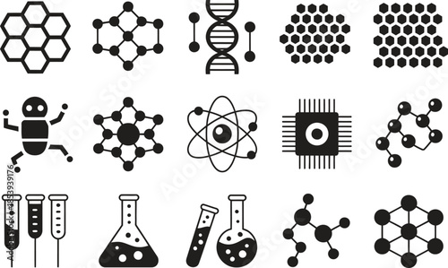 Science Chemistry Molecular Icon Silhouette Vector Set, Atom DNA Laboratory Symbols Collection Isolated On White Background