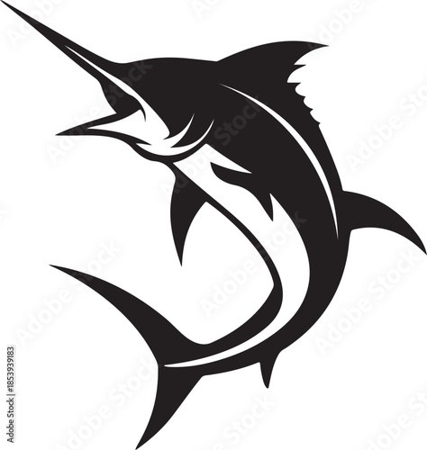 Black marlin fish silhouette jumping out of water vector illustration on transparent background