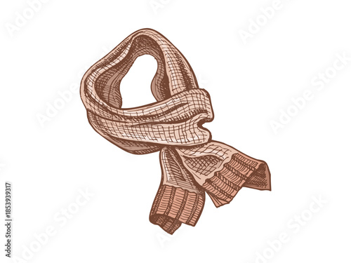Hand drawn vintage sketch of knitted wool scarf in brown and beige colors, vector winter clothing illustration