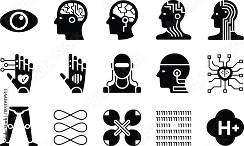 Artificial Intelligence Human Mind Icon Silhouette Vector Set, Brain Neural AI Technology Symbols Collection Isolated On White Background