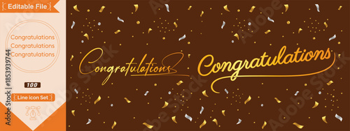 Congrats lettering. Congratulation text labels, cheers sign decorated with golden burst and stars and congratulations. Congratulate letter hand writing ink logo.