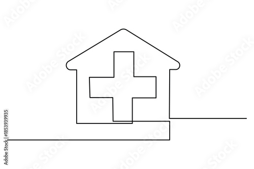 Medical cross inside a house icon in continuous one line drawing style