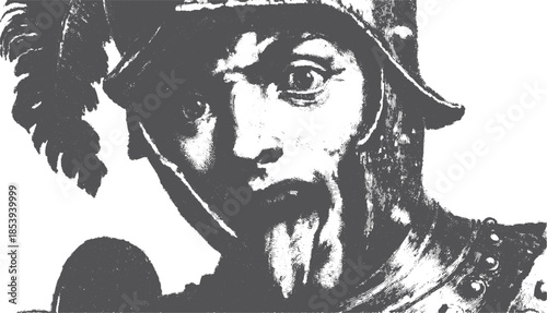 Soldier in medieval armor with fierce expression. Monochrome vector illustration emphasizing detail and emotion in a historical artwork set.