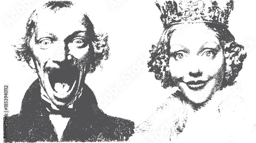 Man and woman with varying facial expressions in a vintage style. Black and white vector illustration depicting a scream and a smile set in dramatic contrast.