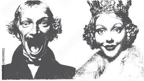 Contrasting man and woman faces in a vintage vector illustration. Black and white art showcasing different expressions in a unique set.