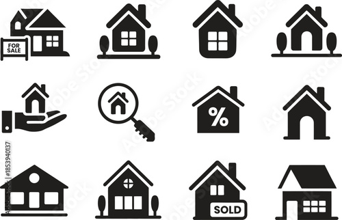 Real Estate Housing Icon Silhouette Vector Set, Home Sale Rent Percentage Symbols Collection Isolated On White Background