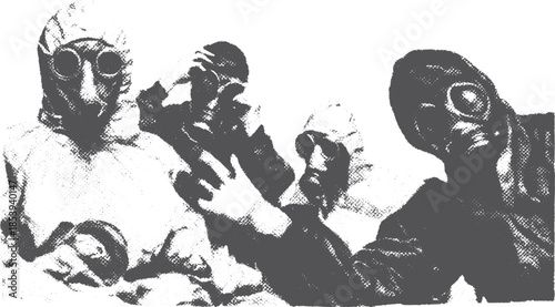 Gas mask and safety hazmat clothing in a vintage style. Group set showcasing protective gear in a black and white vector illustration.