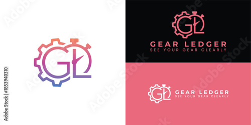 The modern GL monogram is for a website that tests and compares sports gear. The G incorporates a mechanical gear, and the L features a stopwatch.