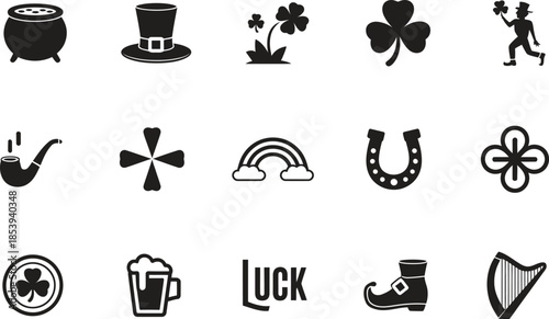 St Patrick Day Icon Silhouette Vector Set, Clover Luck Beer Rainbow Symbols Collection Isolated On White Background