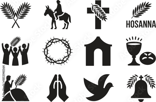 Christian Religion Palm Sunday Icon Silhouette Vector Set, Cross Dove Church Symbols Collection Isolated On White Background