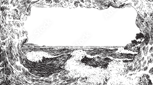Illustration of waves crashing against the coast in black and white. Features a calm ocean scene, detailed line artwork in a vector style.