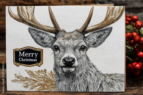 Merry Christmas greeting card with reindeer in black, white and gold on a festive background