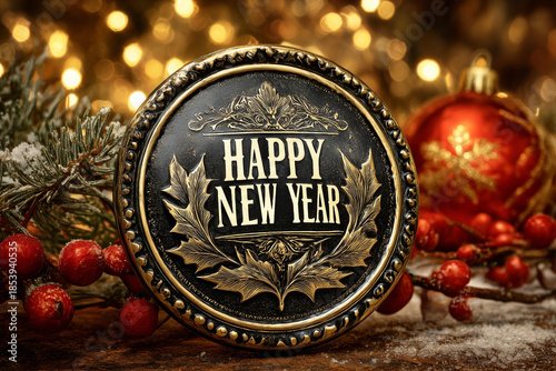 Decorated badge with happy new year wishes on a festive background