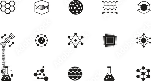 Molecule Chemistry Structure Icon Silhouette Vector Set, Atom Science Network Symbols Collection Isolated On White Background