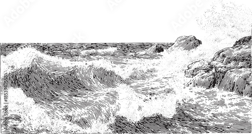 Ocean waves crash against rocks in this black and white vector illustration. The detailed line art captures the natural scenery of the sea.