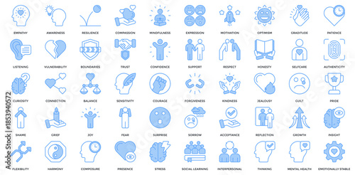 Emotional Intelligence icon set. Containing empathy, respect, resilience, compassion, mindfulness, expression, motivation, optimism, forgiveness, kindness, patience icon. Lineal Blue style