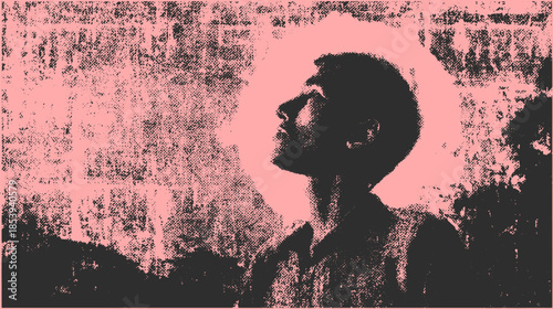 Profile silhouette of a person in modern abstract art style. This vector illustration features a textured pink background and simple design elements.