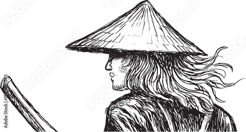Samurai warrior figure in traditional style. Black and white line drawing illustration in vector format showcasing cultural heritage in a set design.