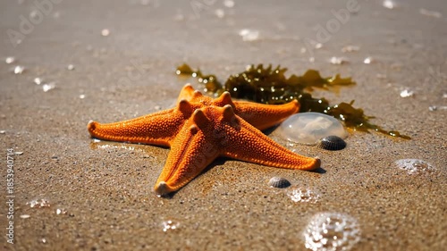 Vibrant Orange Starfish Resting on a Wet Sandy Beach with Gentle Waves.