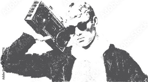 Boy with boombox in retro style. Black and white urban vector illustration with a cool outfit reflecting music culture.