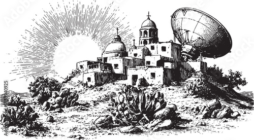 Futuristic desert city. Line drawing of low structures with a satellite in a monochrome style. Vector illustration captures a rural environment.