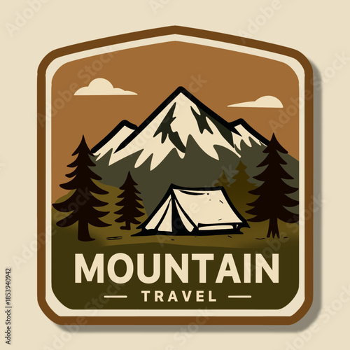 Mountain Travel Camping Vintage Illustration Badge. Flat vintage mountain travel illustration featuring camping tent, pine trees, and mountain scenery. Great for tourism and outdoor themes.