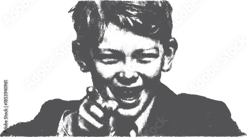Boy pointing and laughing. Black and white illustration with a joyful expression, complemented by vector art style.