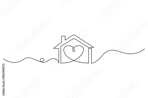 Vector line art of a residential building and heart representing family and love