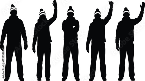 Winter man silhouettes wearing hats and gloves showing standing and waving poses isolated on white background cold weather concept