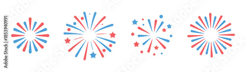 Red and blue fireworks icon set. firework burst. celebration pictogram. festival salute isolated on white background