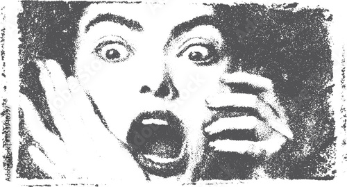Fearful face illustration in black and white. Bold expression with high contrast. An intriguing vector artwork.